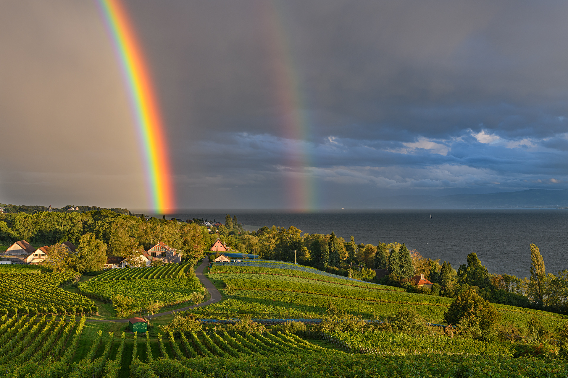 Deutschland, Baden-Württemberg, Bodensee, Hagnau, Regenbogen über dem Weingut Aufricht
